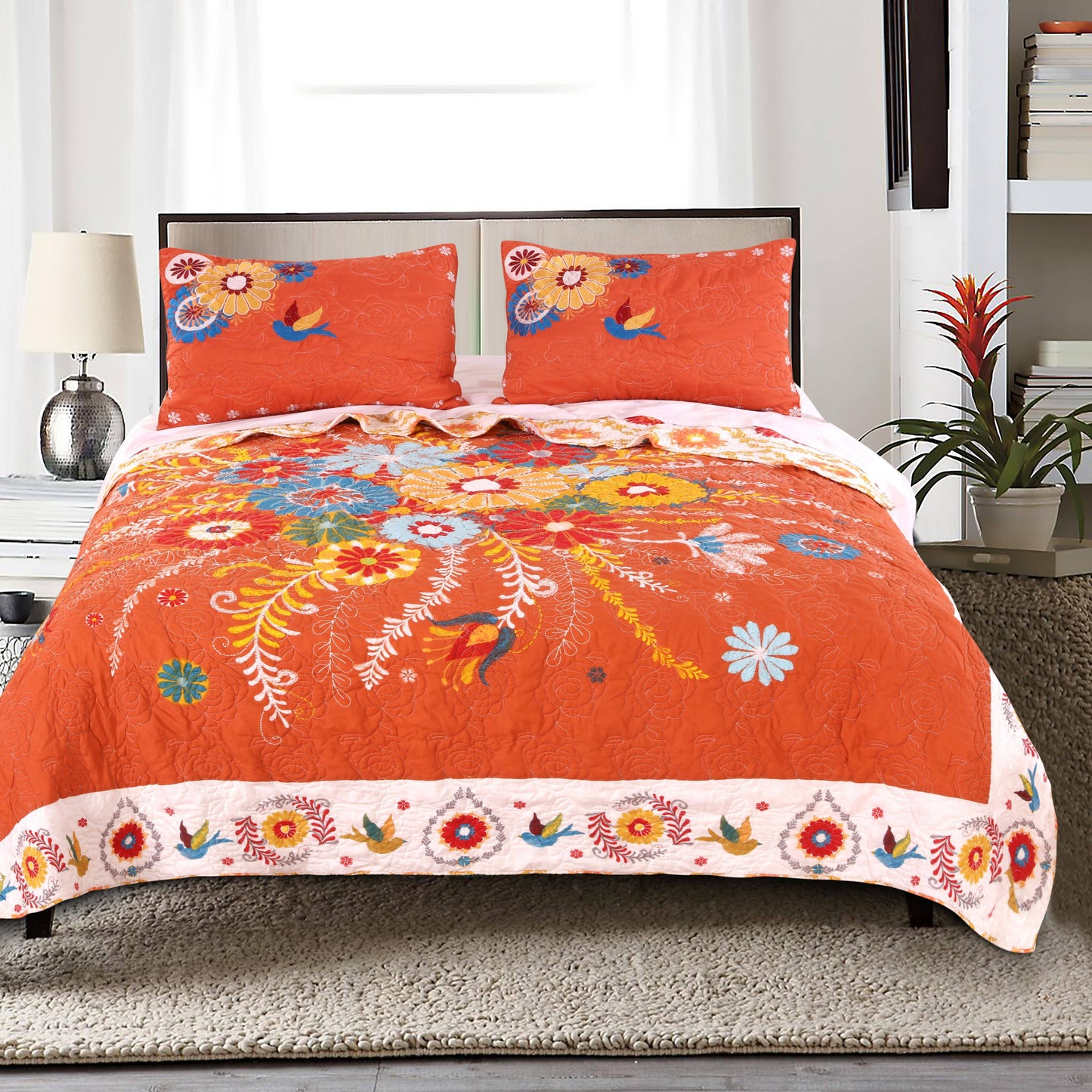 Topanga Bohemian Floral Orange Quilt Set - Full - Queen