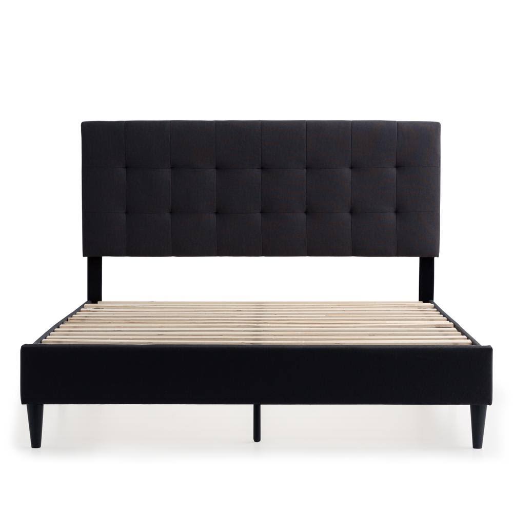 Tara Black Charcoal Queen Square Tufted Upholstered Platform Bed, Grey