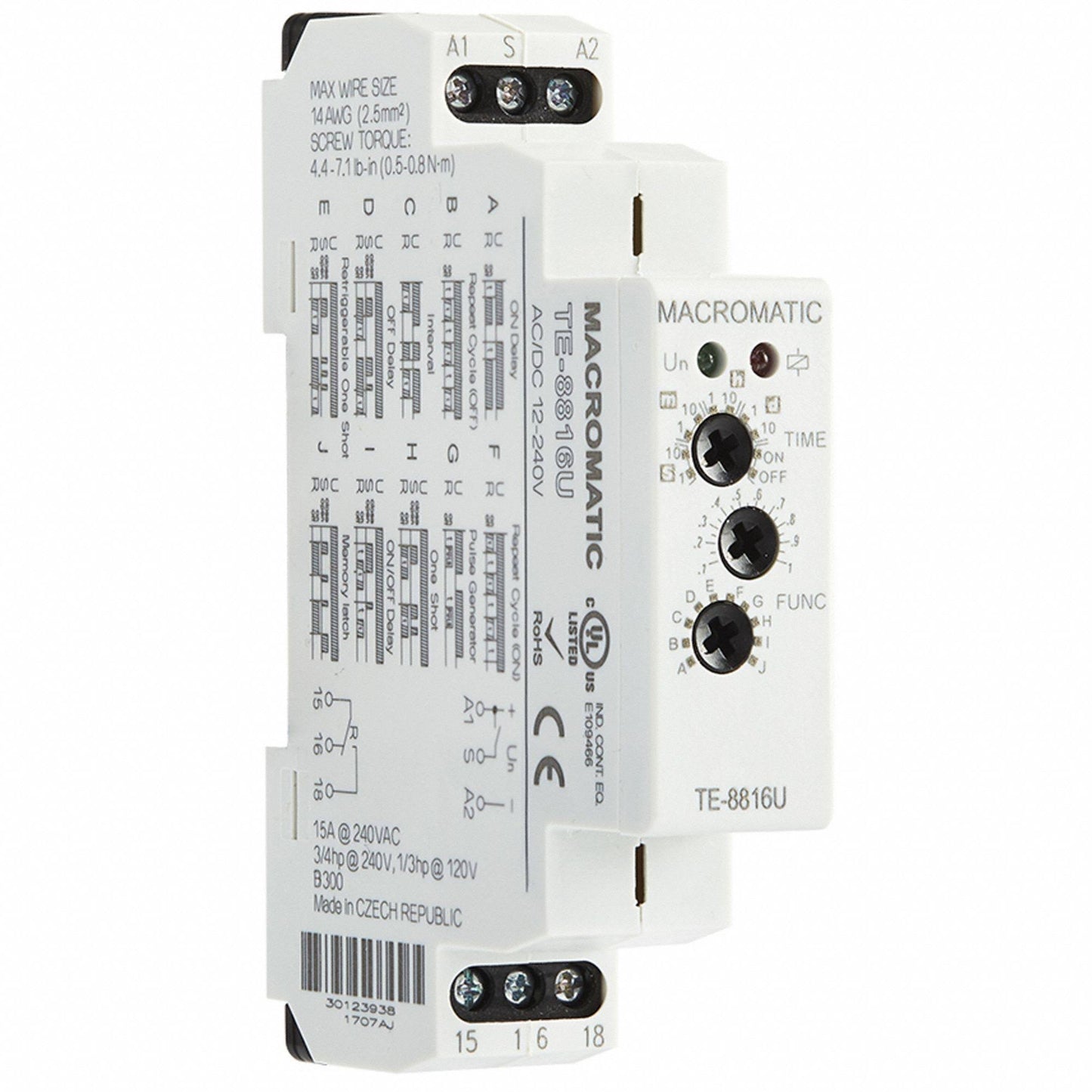 Te-8816u Time Delay Rlay, 12 To 240vac/Dc, 15a, Spdt