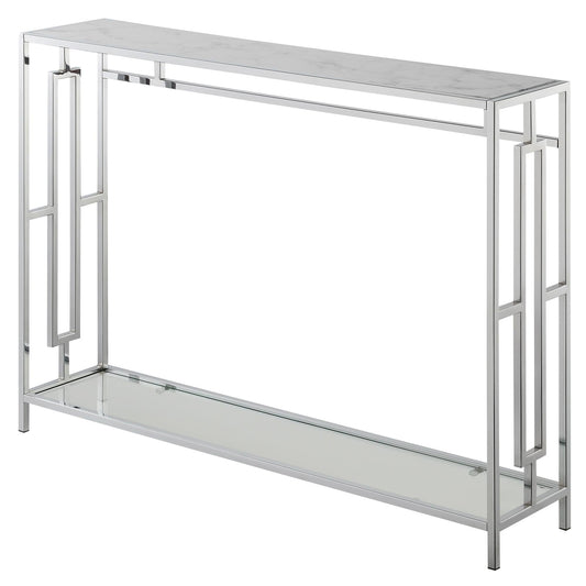 Town Square Chrome Console Table Faux White Marble/Chrome