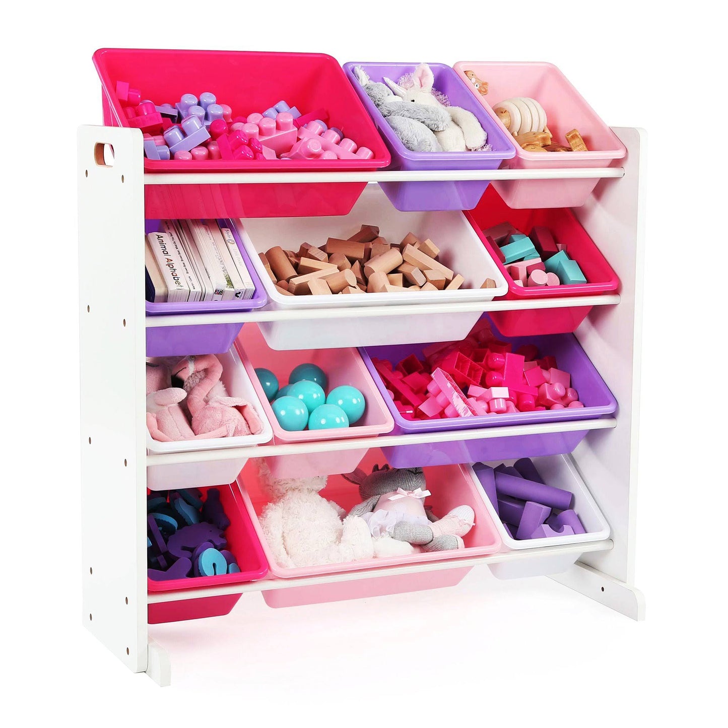 Toy Storage Organizer With 12 Plastic Bins, White/Pink & Purple