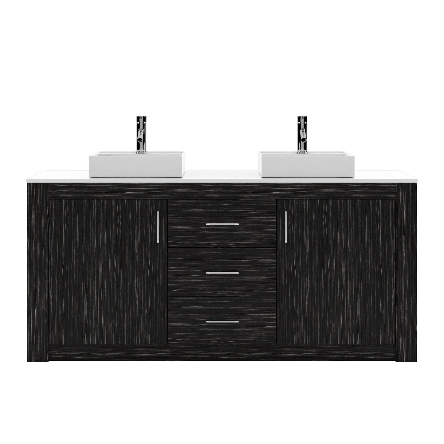 Tavian 72" Double Bath Vanity In Midnight Oak With White Engineered Stone Top And Square Sinks With Brushed Nickel Faucets