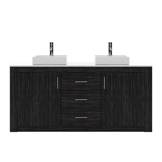 Tavian 72" Double Bath Vanity In Midnight Oak With White Engineered Stone Top And Square Sinks With Brushed Nickel Faucets