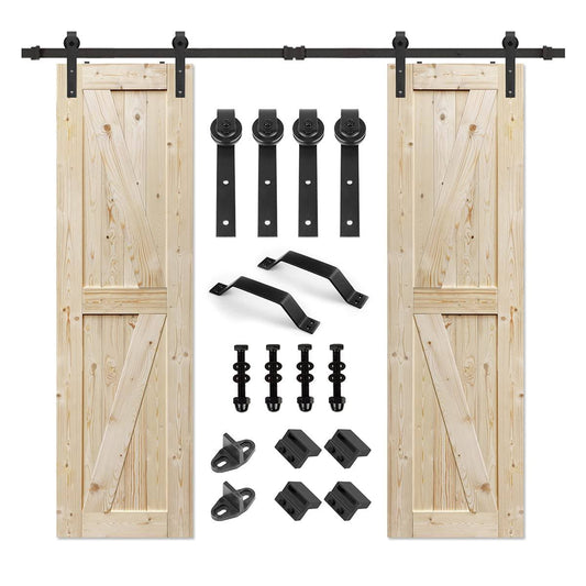 Tophand 24 In. X 80 In. Double Unfinished British Brace Knotty Barn Door With 8ft Sliding Door Hardware Kit/Solid Wood/Sliding Door/Double