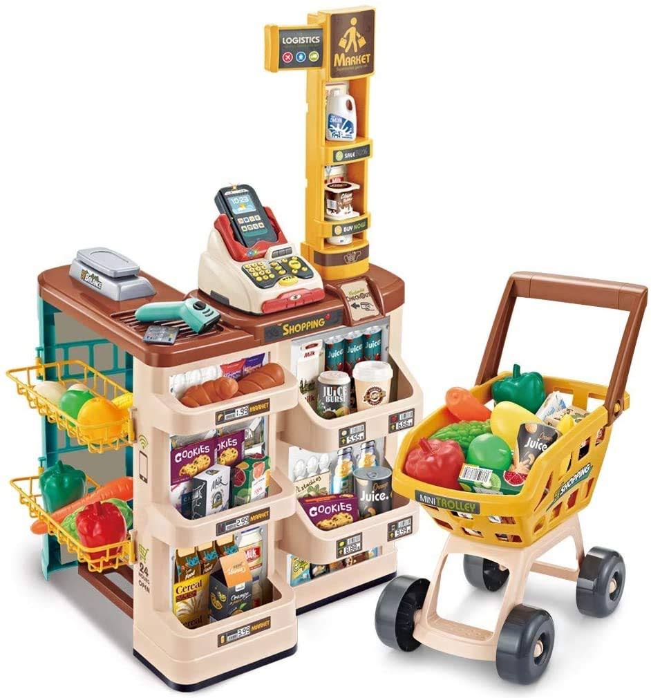 Toys Supermarket Play Set For Kids W/Shopping Cart, Cash Register, Electronic Scanner Girls Boys Age 3 4 5 Years