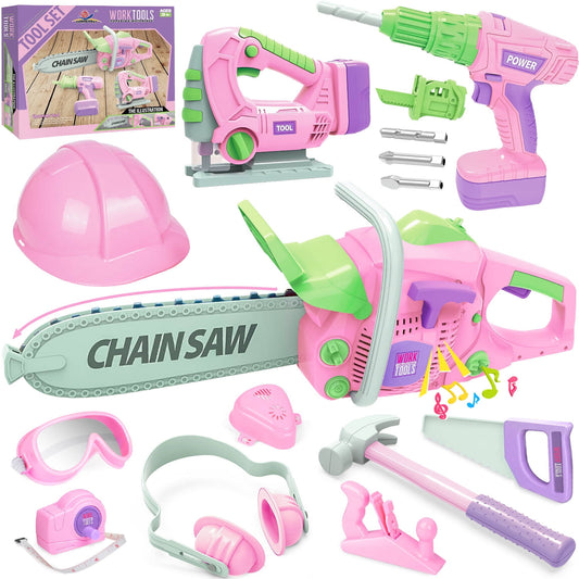 Tool Set With Electric Toy Drill Chainsaw Jigsaw Toy Tools For Girl, Realistic Kids Power Construction Pretend Play Tools Set Toddler Toys