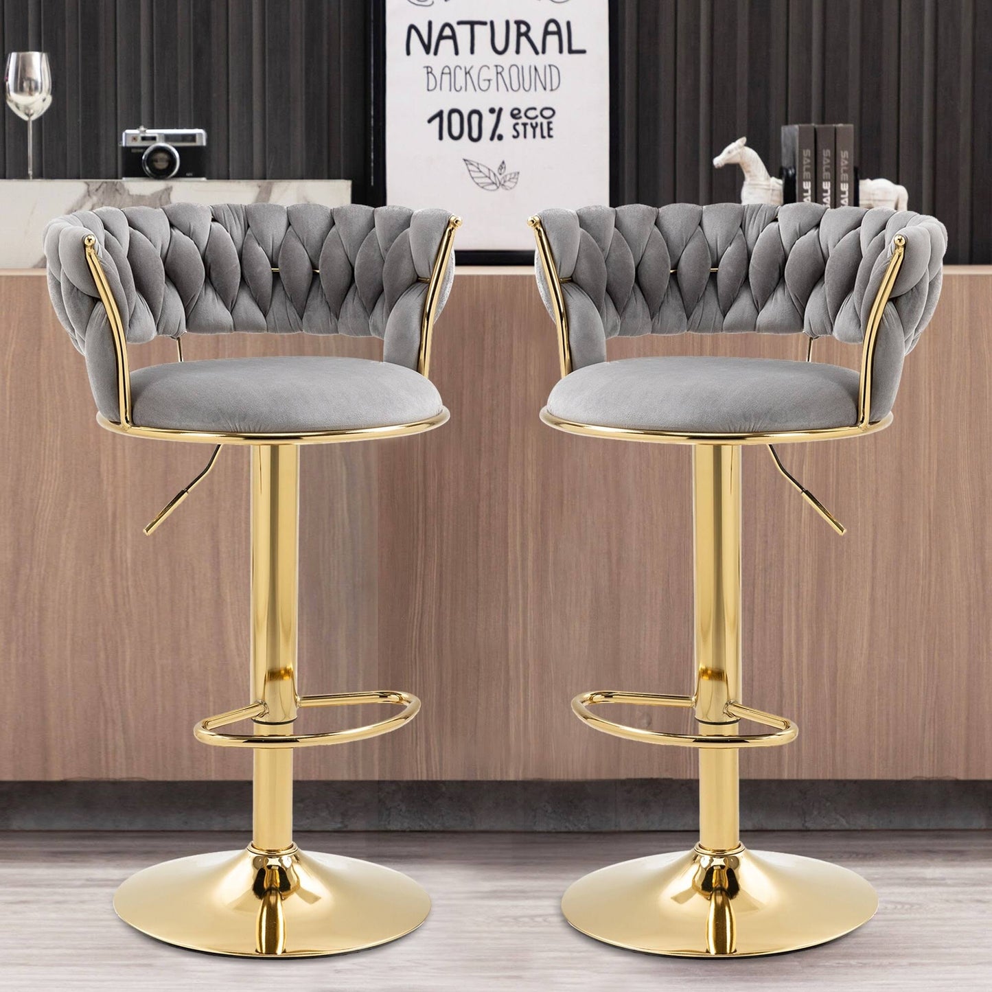 Toweling Fabric Adjustable Height Armless Bar Stools With Golden Footrest(Set Of 2) - Grey