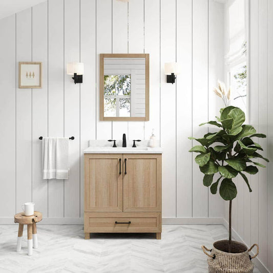 Tobana 30 In. W X 19 In. D X 34.5 In. H Single Sink Bath Vanity In Weathered Tan With White Engineered Marble Top