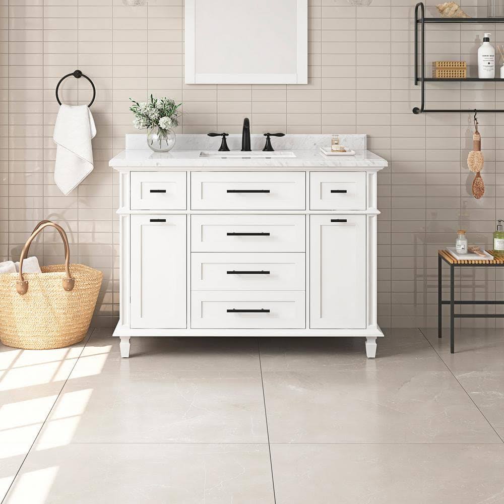 Tarbot 48 In. W X 22 In. D X 34 In. H Single Sink Bath Vanity In White With Carrara Marble Top With Outlet