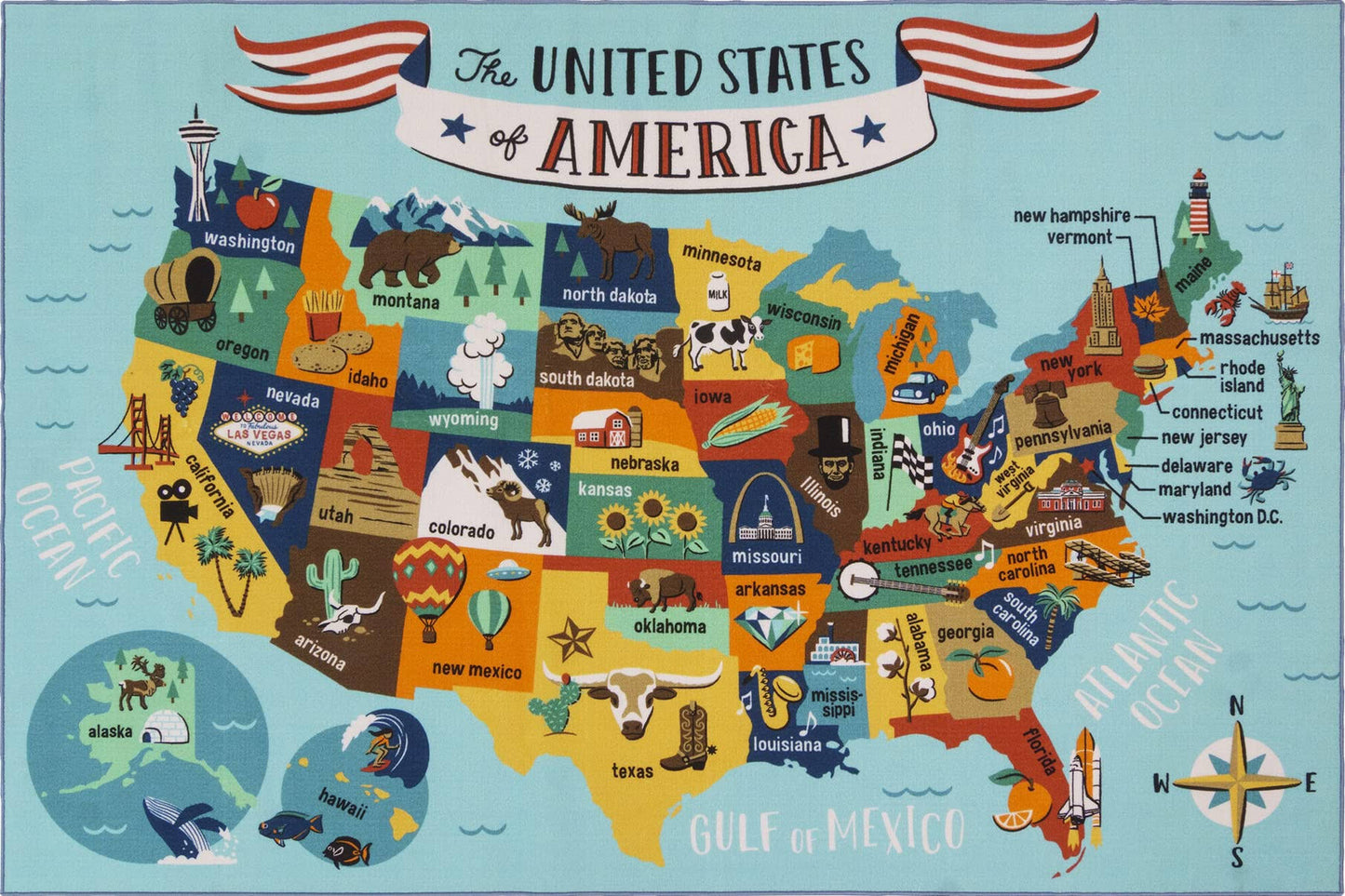 Teach Me Usa Map Education Rug ,Blue