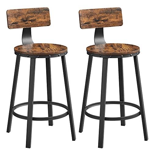 Tall Bar Stools, Set Of 2 Bar Chairs, Kitchen Stools With Backrest, Steel Frame, 24.6-Inch High Seat, Easy Assembly, Industrial, Rustic Brown