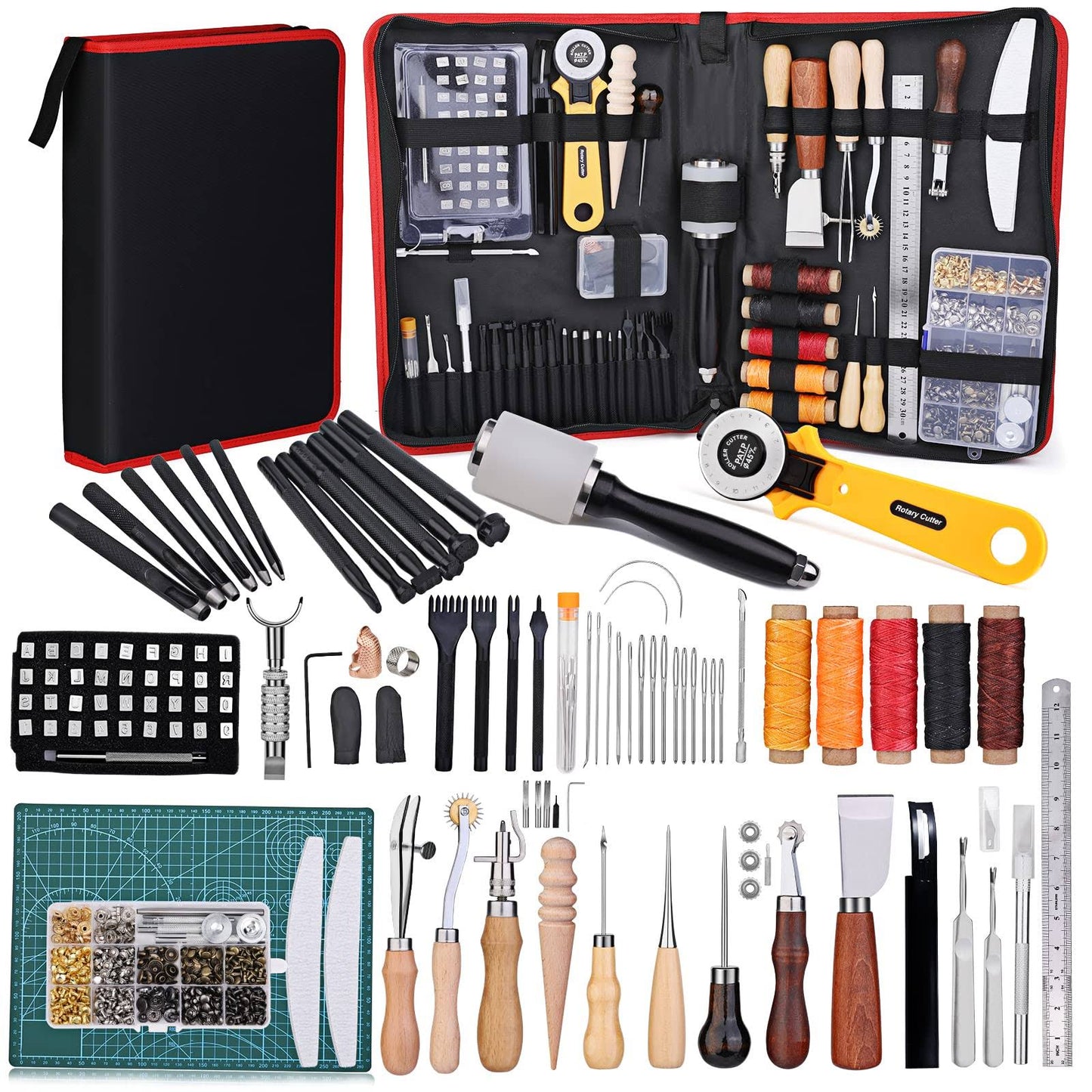 Tooling Kit, Leather Working Tools, Leather Craft Tools Kits And Supplies With Leather Stamp Tools, Cutting Mat, Groover, And Rivets Kit For