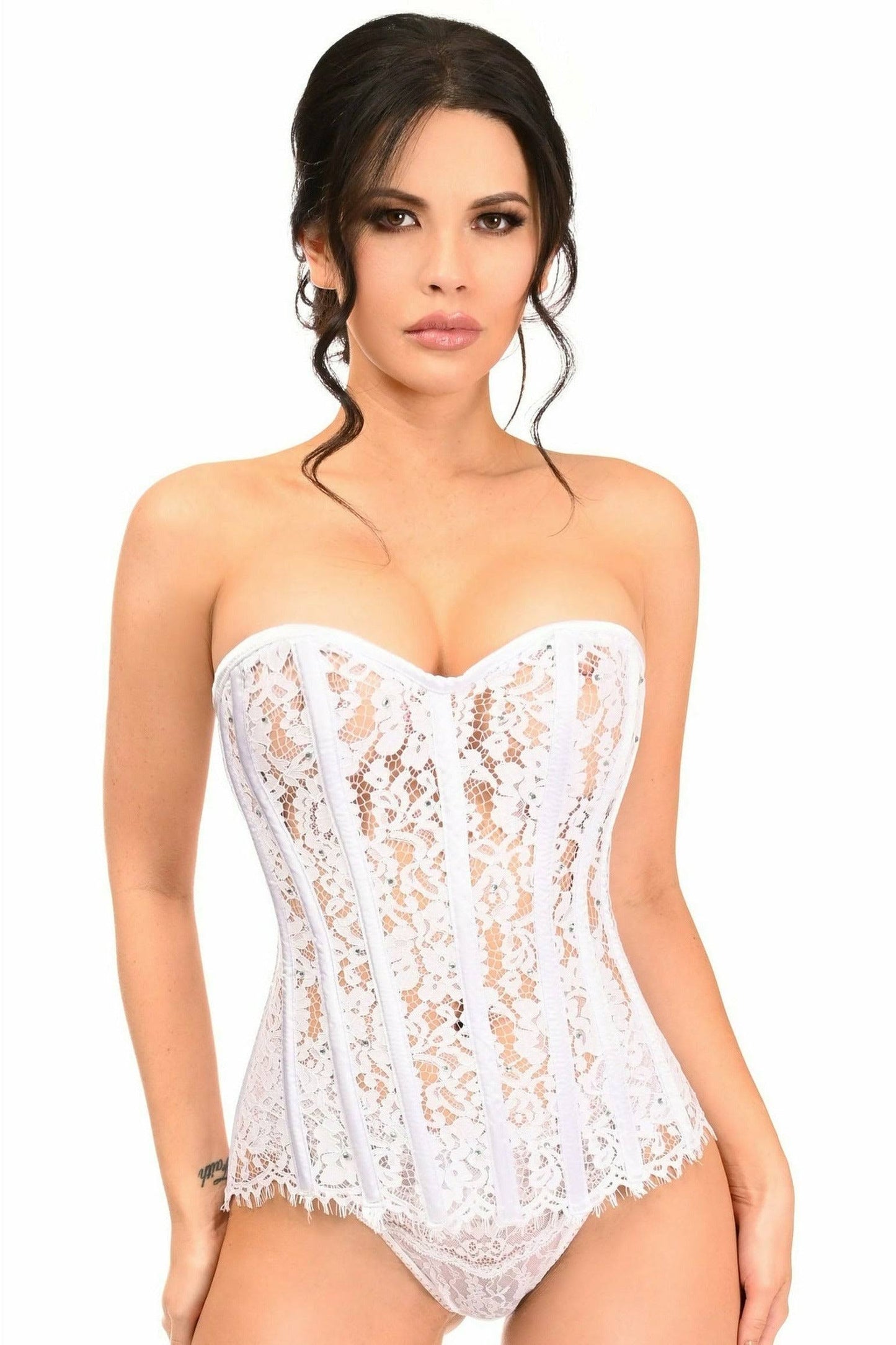 Top Drawer White Lace Steel Boned Corset W/Rhinestones