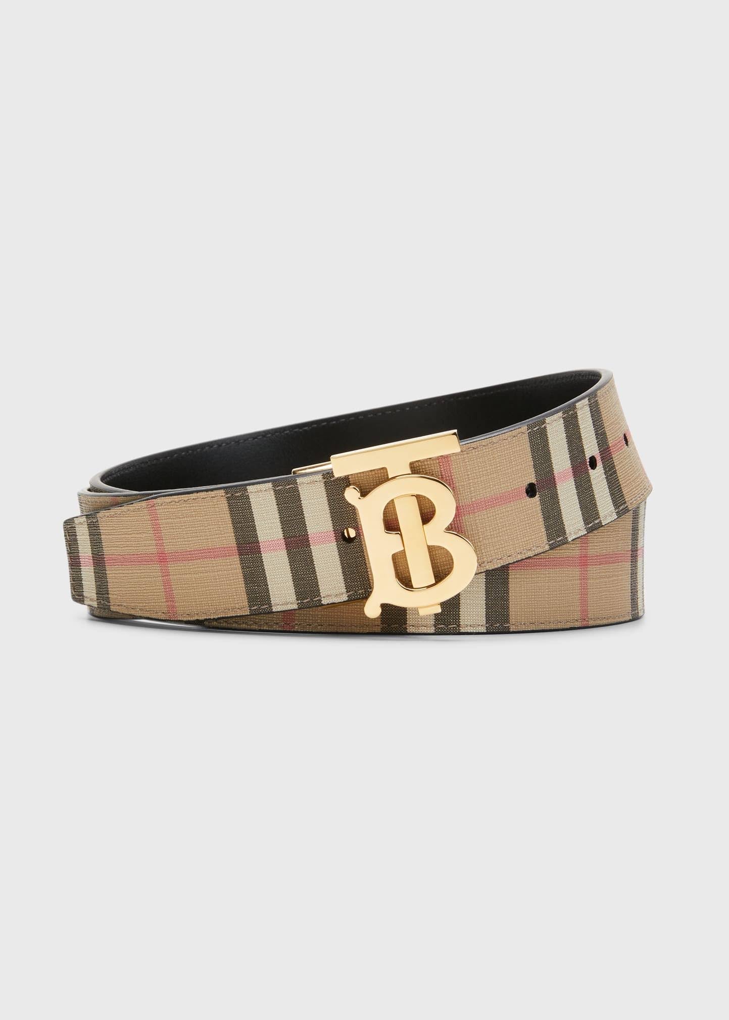 Tb Monogram Vintage Check Reversible Belt In Black-Archive Beige