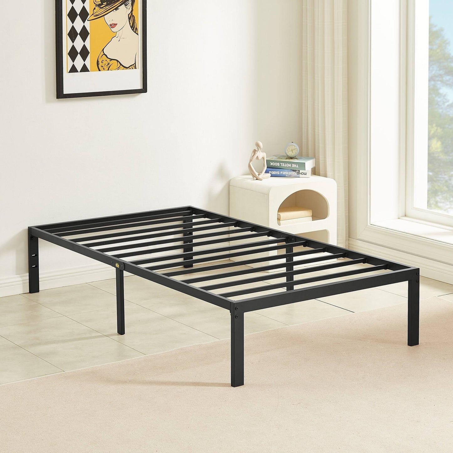 Tall Bed Frames Black, Metal Frame Queen Platform Bed With Heavy Duty Platform And Steel Slat, Easy Assembly, Noise Free, Black 18 In.