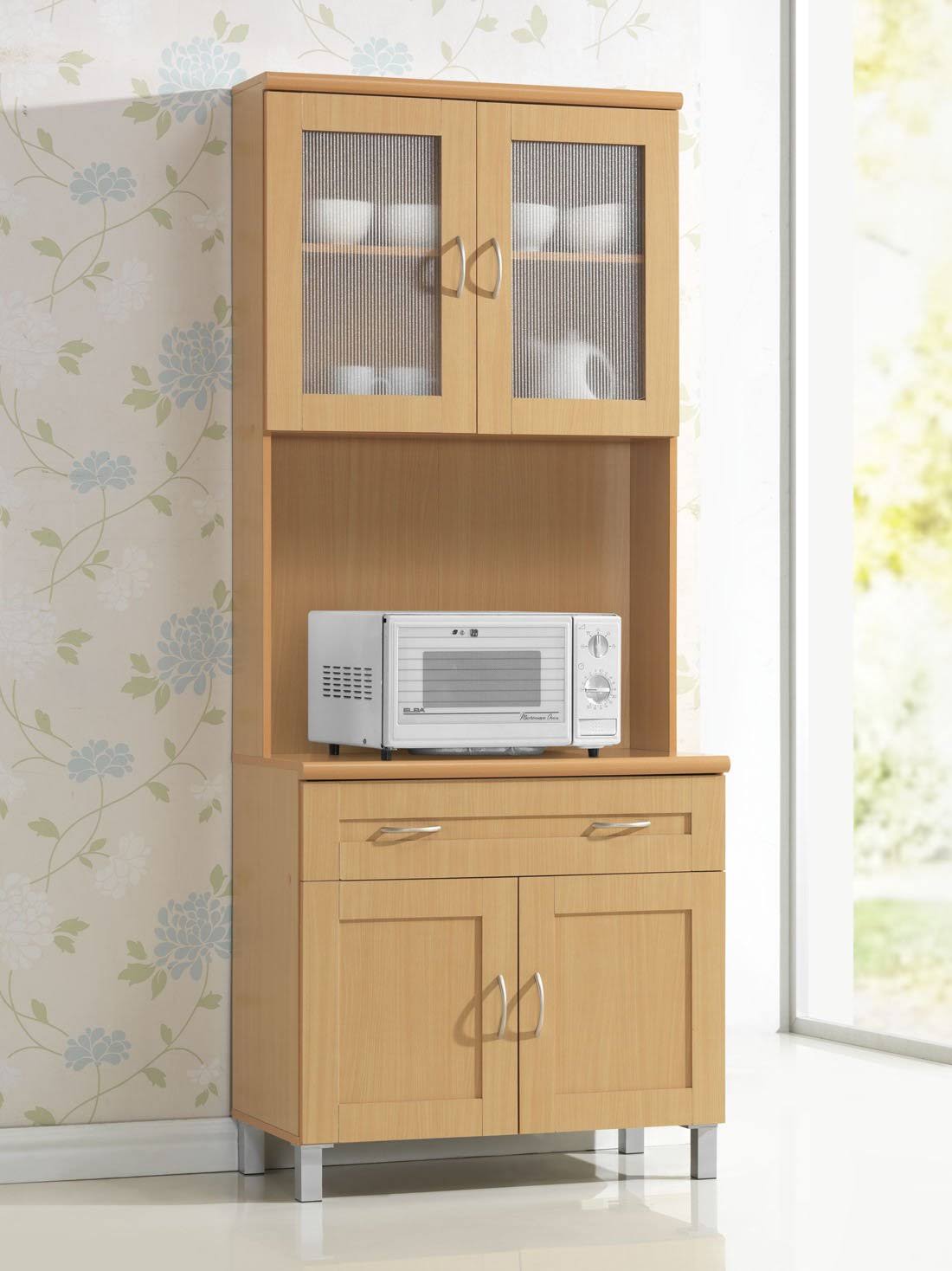 Tall Standing Kitchen Cabinet With Top And Bottom Enclosed Cabinet, Beech