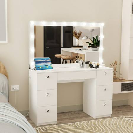 Tammy Modern White Painted Vanity Desk, Usb Port, Lights, For Bedroom, Size: Large