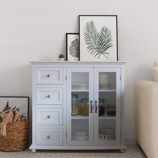 Teal Blue Wood 36 In. Kitchen Cabinet Storage Sideboard With Glass Door And 4-Drawers