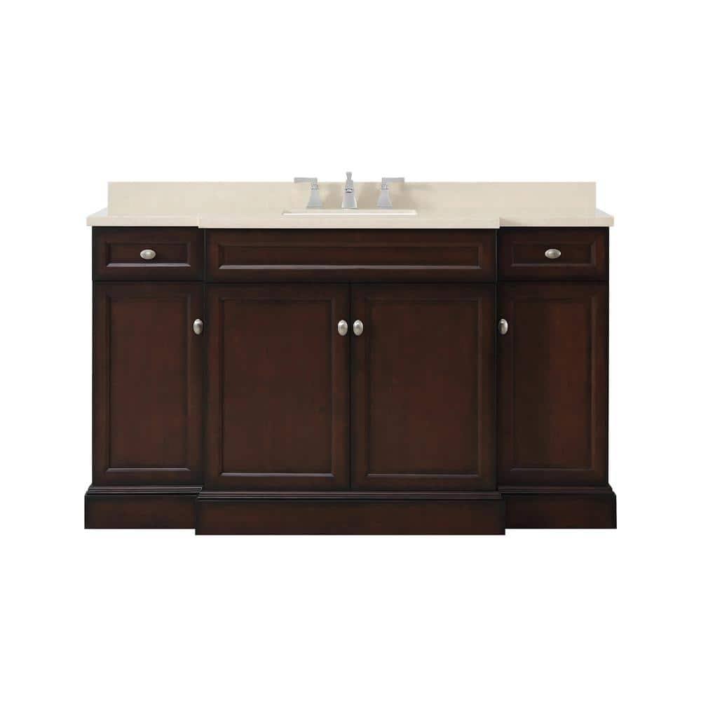 Teagen 58 In. W Bath Vanity In Dark Espresso With Cultured Stone Vanity Top In Beige With White Basin