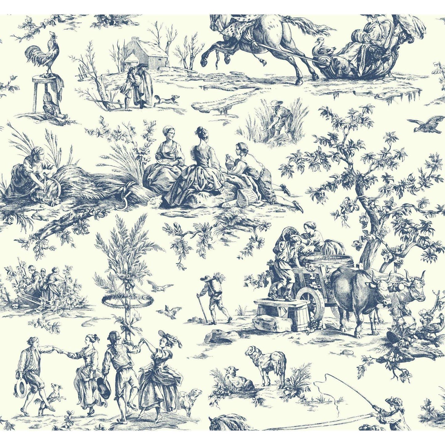 Toiles Seasons Toile 27' X 27" Scenic Roll Wallpaper Color: Navy/Off-White