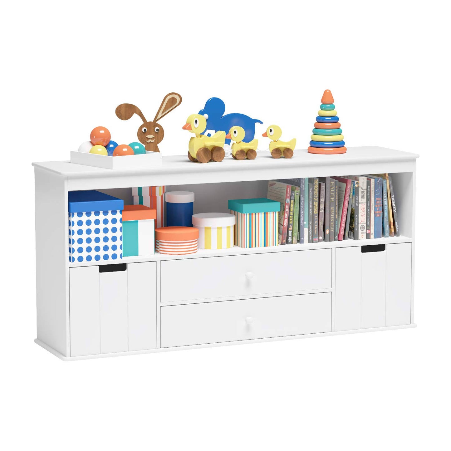 Toy Storage Organizer With 2 Drawers, Wooden Toy Organizer Bins, Kids Bookshelf For Reading, Storing, Playing, White