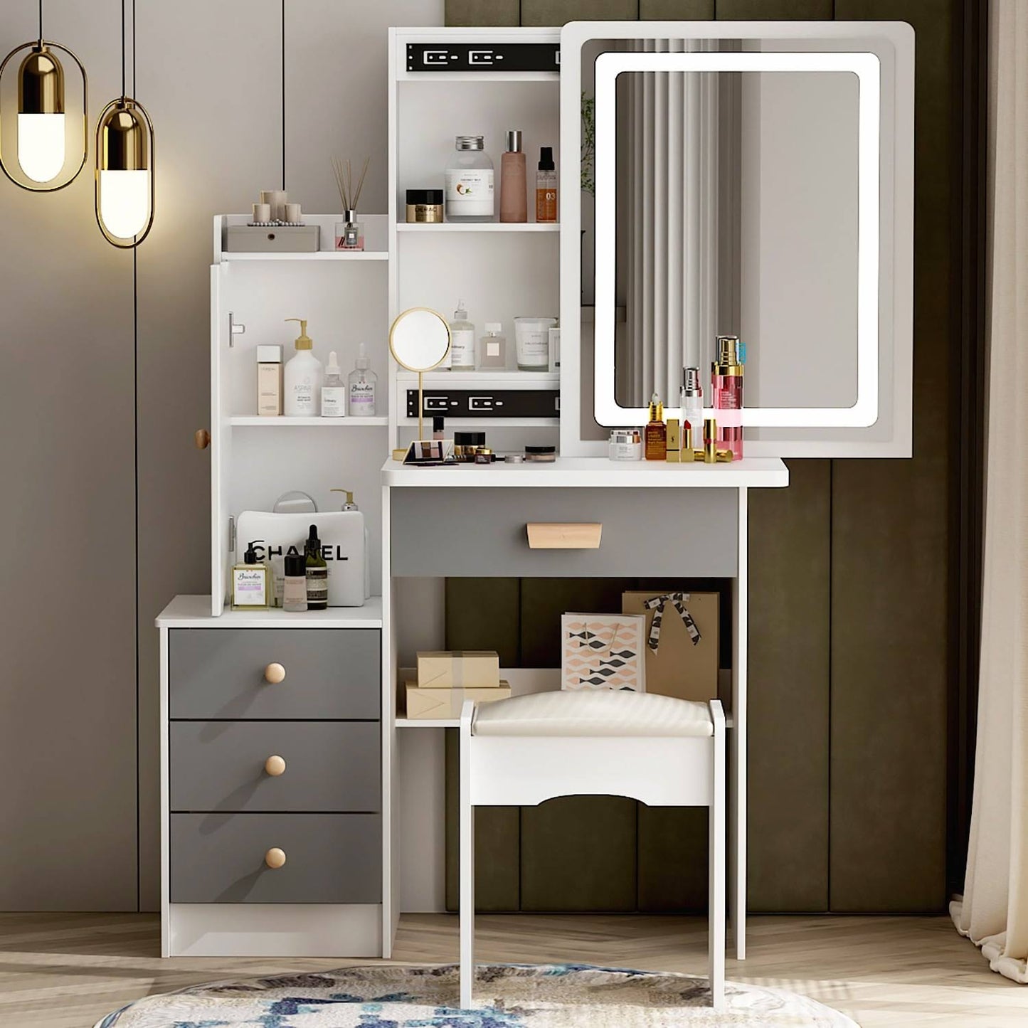 Technology Makeup Vanity Set With Sliding Lighted Mirror & Stool - Hidden Shelves - 33 Inchl X 15.7 Inchw X 52.4 Inchh White/Grey, Size: 33l X