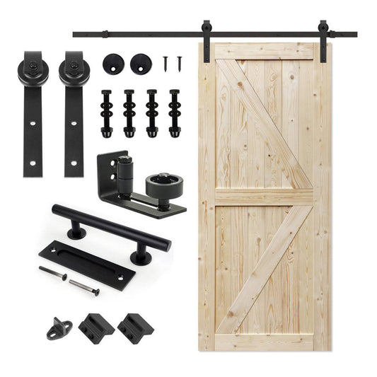 Tophand 42 In. X 80 In. Unfinished British Brace Knotty Barn Door With 8ft Sliding Door Hardware Kit/Solid Wood/Sliding D