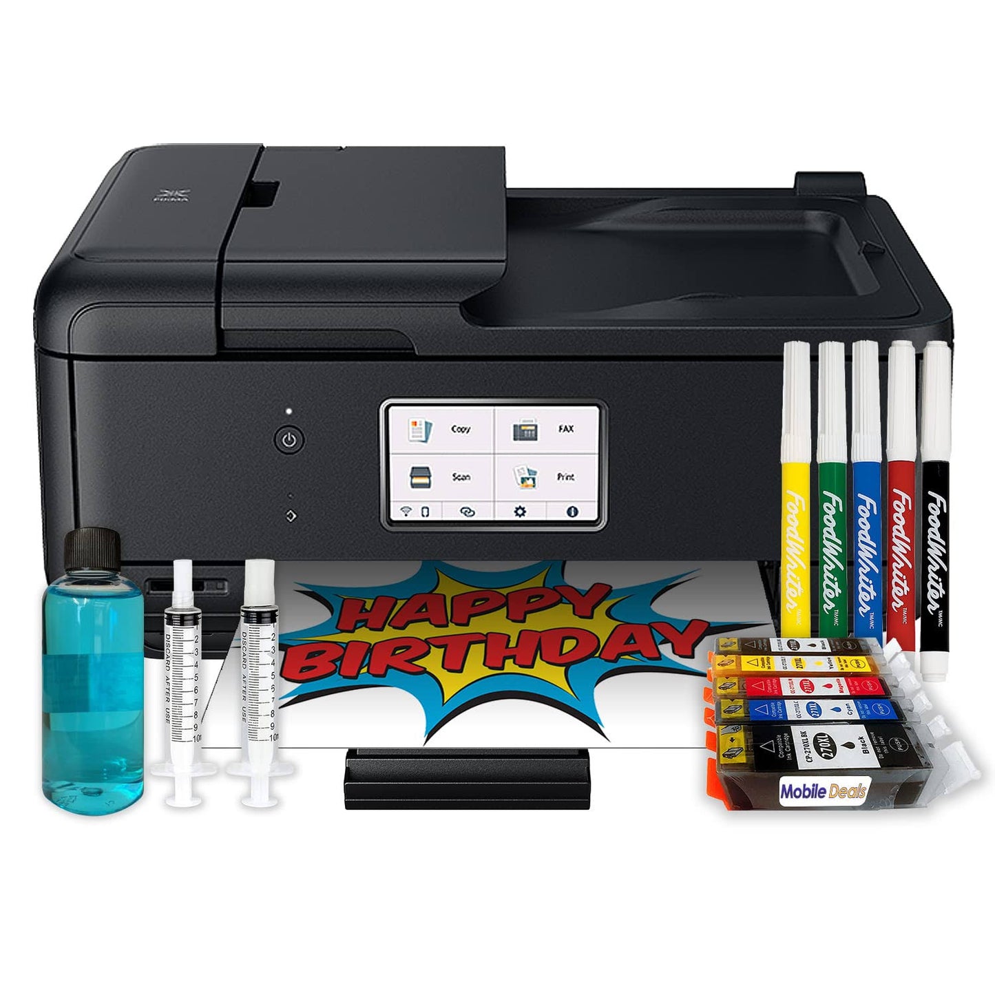 Topper Image Printer, Cake Ink Cartridges, 50 Wafer Sheets, Edible Color Markers & Printhead Cleaning Kit Bundle