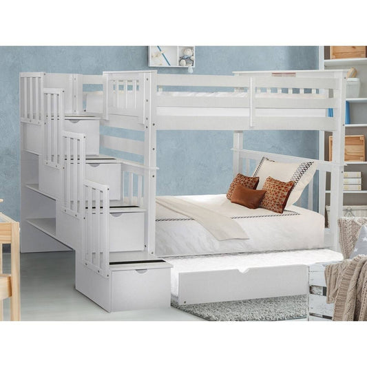 Tall Stairway Bunk Bed With 4 Drawers And Trundle, White, Twin Over Twin