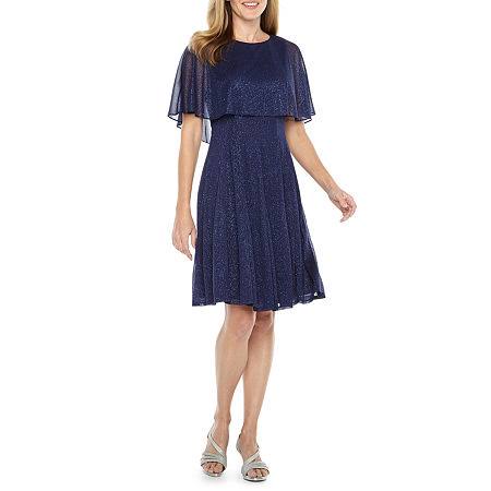 Taylor Short Sleeve Embellished Cape Fit & Flare Dress, 12 , Blue