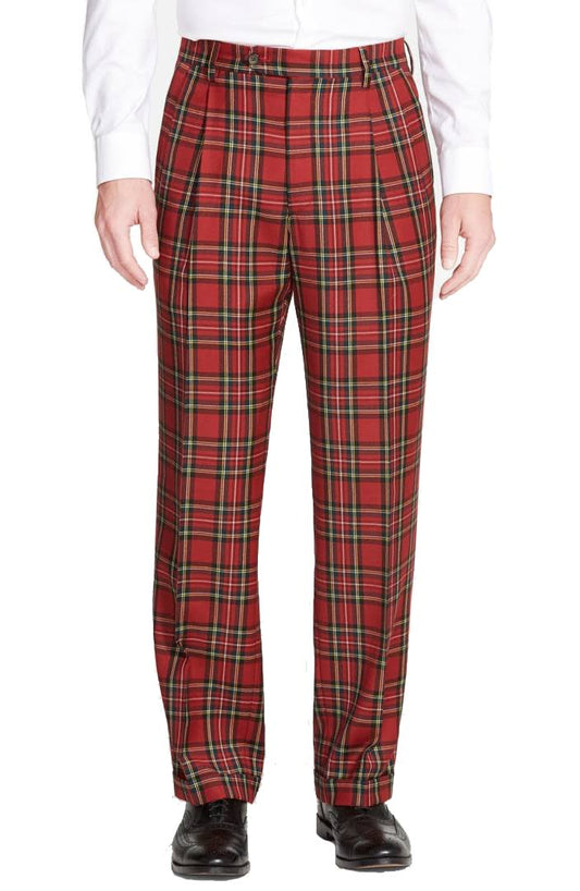 Touch Finish Flat Front Classic Fit Plaid Wool Trousers In Red