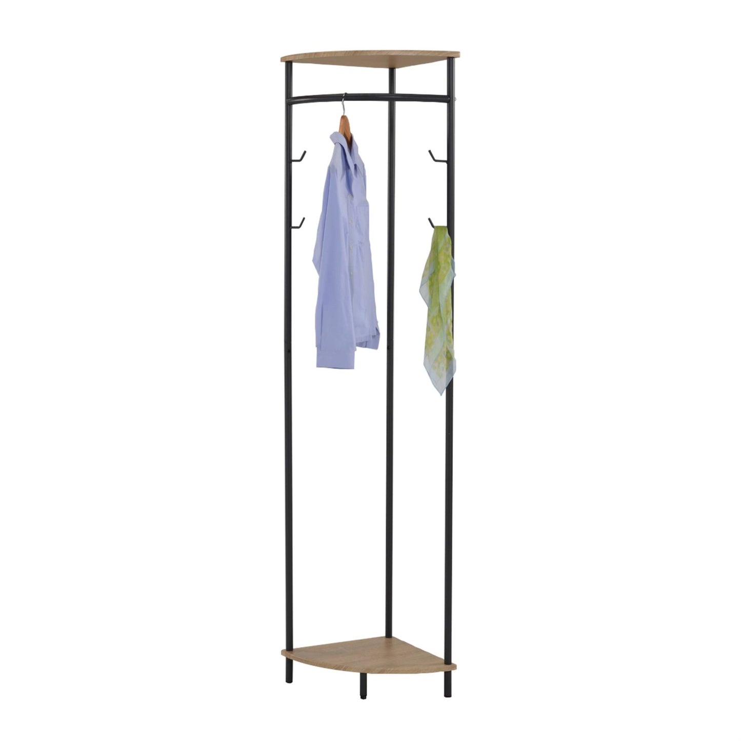 Tolbert Transitional Entryway Corner Hall Tree Coat & Hat Rack With Storage Shelves, Black Metal & Oak Wood