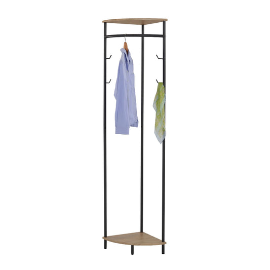 Tolbert Transitional Entryway Corner Hall Tree Coat & Hat Rack With Storage Shelves, Black Metal & Oak Wood