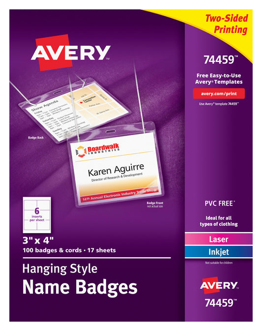 Top-Loading Hanging-Style Name Badges, 3" X 4", 100 Badges (74459)