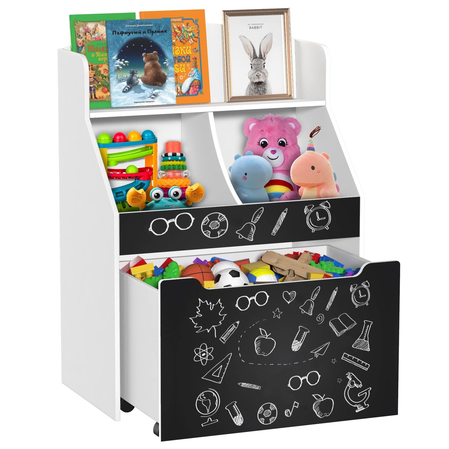 Toy Storage Organizer Kids Bookshelf Rolling Toy Box For Boys Girls Play Room Bedroom